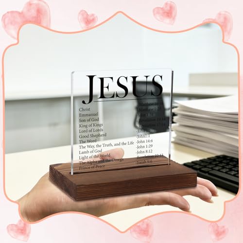 Names of Jesus Acrylic Plaque, Christian Bible Verse Gift for Believers, Inspirational Religious Keepsake for Men, Women, Transparent Acrylic Plaque with Wooden Stand, LYY152