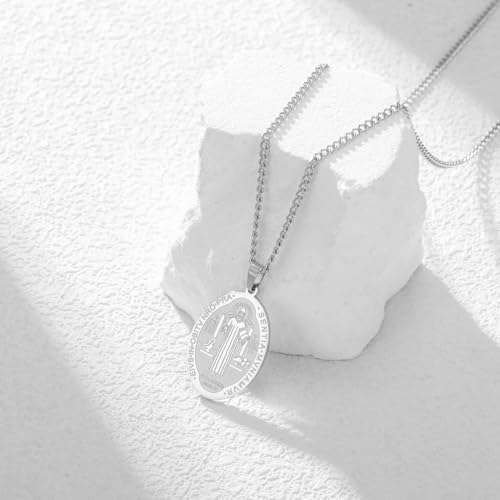 Amaxer Saint Benedict Of Nursia Necklace for Women Oval St. Benedict Medal Religious Protection Jewellery Catholic Pendant Necklace for Women Men Silver