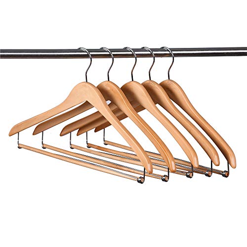 Quality Hangers Wooden Hangers Beautiful Sturdy Suit Coat Hangers with Locking Bar Glossy Natural Wood (5) 5