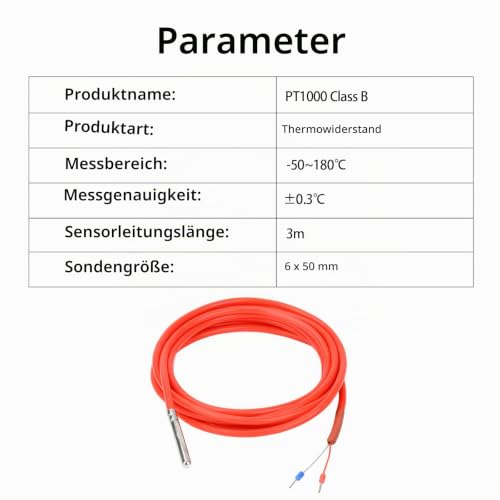 Aideepen PT1000 Temperature Sensor, 1 Piece 2 Metre Silicone Cable Digital Waterproof Temperature Sensor with Stainless Steel Probe, Temperature Measuring Range -50°C ~ 180°C 1 x 2 m