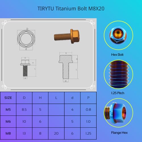 TIRYTU Titanium Flange Hex Bolts M8x20mm, 6-piece set in burnt blue finish