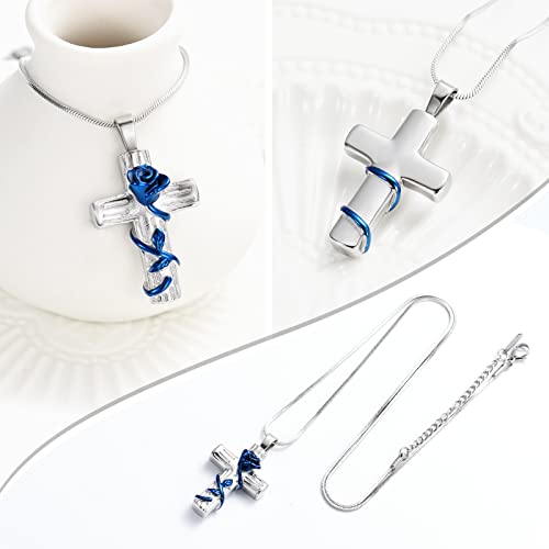 Minicremation Urn Necklace for Ashes Rose Flower Cross Cremation Jewelry Pendant for Human/Pet Funeral Keepsake Memorial Necklace Blue