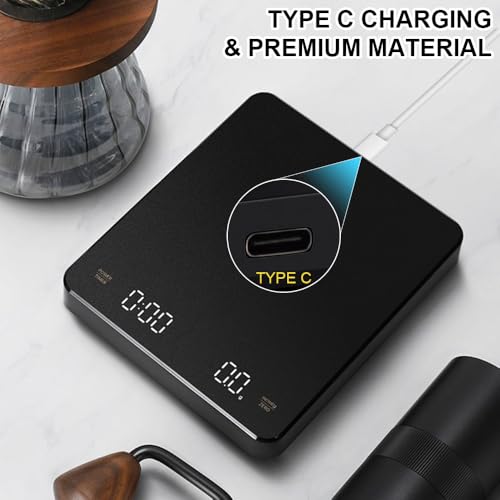 OBEST Rechargeable Mini Coffee Scales with Timer, 3kg/0.1g Accurate Barista Espresso Scale for Drip Coffee Pourover, Small Coffee Machine Scales, Digital Weighing Scale with Auto Tare black