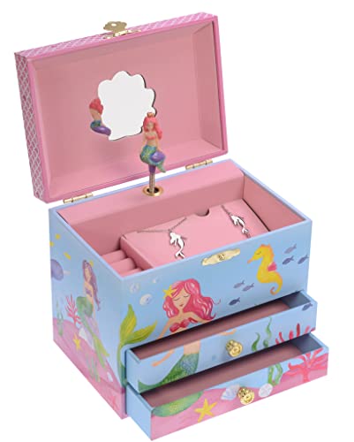 Jewelkeeper Mermaid Design Musical Jewelry Box with 2 Pullout Drawers - Contains Little Girls Jewelry Set of 3 - Birthday Present - Music Storage for Little Princess Mermaid with Accessory