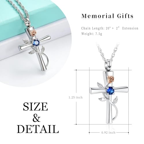 Cross Urn Necklace for Ashes Birthstone Rose Flower Cremation Jewelry for Women Gilrs Keepsake Memorial Ash Pendant, Stainless Steel Silver-Blue