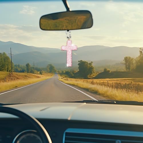 Bling Car Rear View Mirror Accessories Hanging Pendant,Cross Crystal Rhinestone For Car Mirror Hanging,Double-Sided Cross Diamond Religious,Interior Men Women Car Accessories Pink