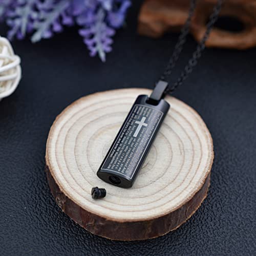 Our Father Lord's Prayer and Cross Urn Pendant Necklace Cremation Urn Necklace Cremation Jewelry Stainless Steel Rectangle Cremation Pendant Memorial Ashes Keepsake Urn Necklace Black