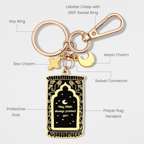 Islamic Keychain - Gold-Plated Enamel Muslim Keychain with Quran Verse and Charms, Islamic Gifts for Women or Men Black