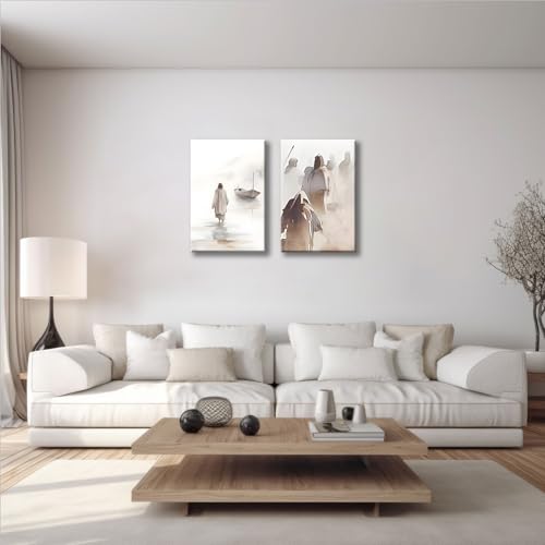 2pcs Framed Jesus Christ Walking Water Scenes Wall Art Christian 12x16in White 12x16 in