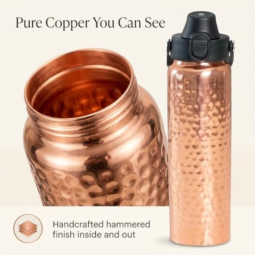 Kamojo Copper Water Bottle 32 oz, Push Button Lid, 100% Copper Cup, Straw & Insulating Sleeve for Drinking Water, Handcrafted Ayurvedic Design Black