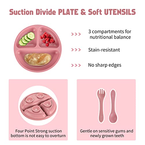 Silicone Baby Feeding Set, Suction Plate Bowl for Baby Led Weaning Dark Pink