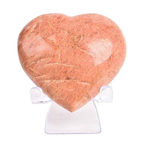 JIC Gem Large Orange Moonstone Heart Shaped Healing Crystal Love Palm Worry Stone Pocket Gemstone with Display Stand Chakra Balancing Chakra Balancing 3-3.3 Inch