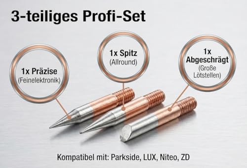 Soldering tip set, 3-piece – M4 screw thread – Pure copper 99.99% (conical shape, pure copper, M4)