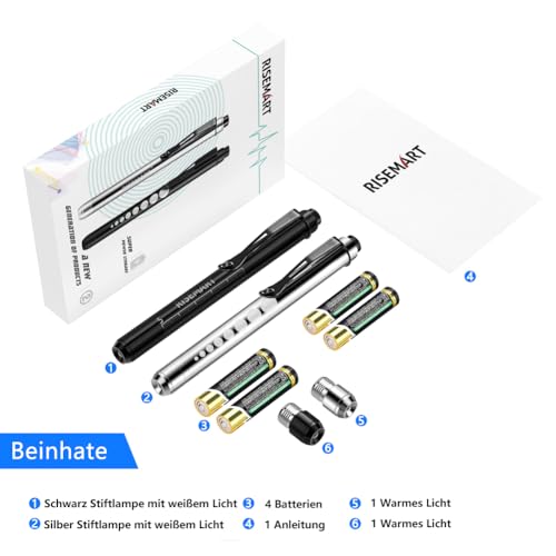 Diagnostic Light Pupil Light, RISEMART Pack of 2 Reusable LED Pen Lamp with Pocket Clip as Nurses Doctors Students Pen Light with 4 Batteries (Black and Silver) Black and silver