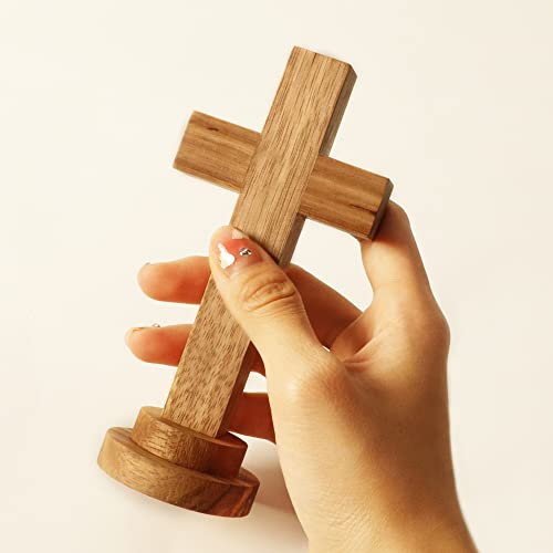 Attivolife Wood Cross Statue with Stand - Spiritual Christian Jesus Holy Cross, Religious Gift for Catholic Easter and Christmas, Wall Table Church Decoration for Home Room (5.5'' x 2.55'')