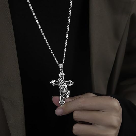 Praying Hand Cross Necklace for Men Stainless Steel Retro Small Prayer Hands Pendant Men Women for Christian Cross Jewelry Gift
