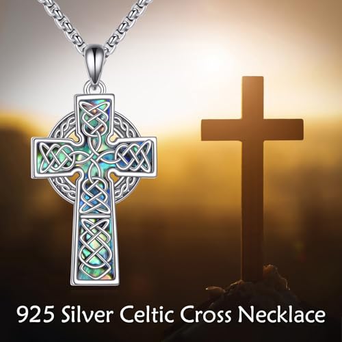 URONE Celtic Cross Necklace 925 Sterling Silver Cross Pendant Necklace Irish Jewelry Protection Religious Gift for Men Women
