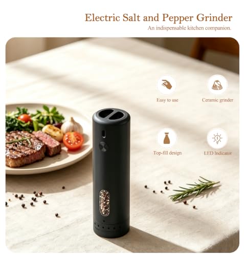 Electric Salt and Pepper Mill with USB-C, Adjustable Electric Spice Mill with 110 ml Large Capacity Silo and LED Lighting - Ideal for Kitchen and Table - Single Pack