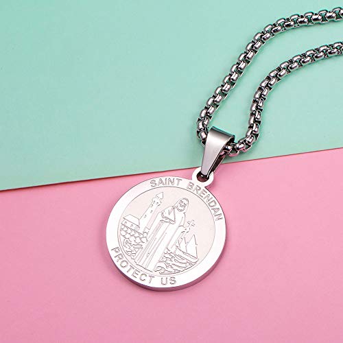 Wolentty Saint Brendan Necklace - 1" Stainless Steel Catholic St. Brendan Medal Pendant with 22" Chain Silver