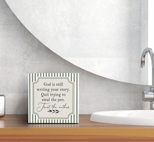 SRADMO Christian Wood Box Sign Desk Decor, Christian Gifts for Women, God Is Still Writing Your Story Bible Verse Theme Wooden Block Box Sign Decoration for Home Office Shelf Table Decor White 3 5″×5″