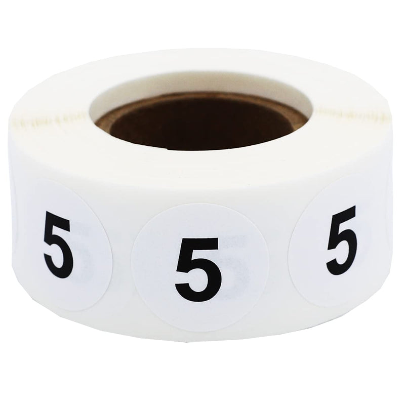 White with Black Number 5 Circle Dot Stickers, 3/4 Inch Round, 500 Labels on a Roll for Organization and Inventory - Semi-Gloss Finish - Made in the USA #5