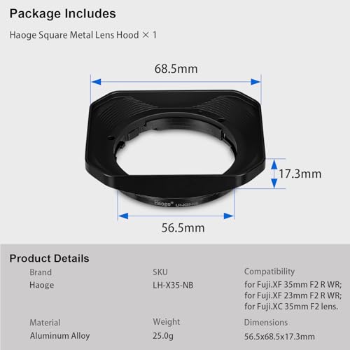 Haoge Metal Squaret Lens Hood for Fujifilm XF 35mm F2 R WR, XF 23mm F2 R WR, XC 35mm F2 Lenses, XF35mm f2, XF23mm f2, XC35mm Bayonet Lens Hood Shade, Replaces Fuji LH-XF35-2 Lens Hood Black