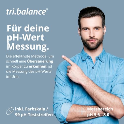tri. Balance pH Test Strips Pack of 99 | Measuring Range 5.6 – 8.0 pH | for Urine or Water pH measurement to Control the Acid/Alkaline Balance | Colour scale in 0.2 pH increments, reading after 5-60 seconds, for water and other liquids, made in Germany