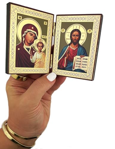 Needzo Christ The Teacher and Madonna and Child Virgin of Kazan Orthodox Catholic Icon Diptych 5 Inch Wide, Religious Gift For Woman Men, Gold Foil