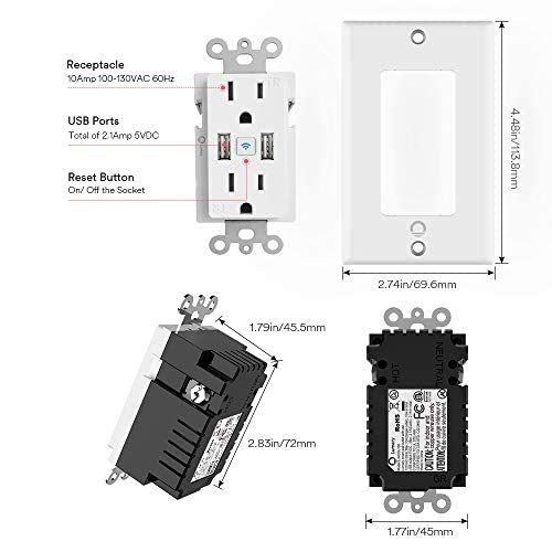 Smart in Wall Outlet, Standard Electrical Outlets with 2 USB Ports & 2 Plugs, Work with Alexa Google Home 15 Amp Outlet ETL FCC for Home Office Style B 1 Pack