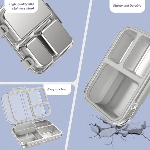 Stainless Steel Bento Box for Kids, 3-Compartment Metal Lunch Box with Clear Lid & Removable Silicone, Lunch Box Kids with Silicone Inner Container for Meal Prep, School, Office (Grey) Grey