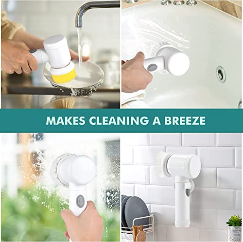 Electric Spin Scrubber, Waterproof Electric Cleaning Brush with 5 Replaceable Brush Heads, Rechargeable Scrub Brush Bathroom Shower Scrubber Cleaning Tool for Bathtub Sink Tile Grout Stove Cooker Dish