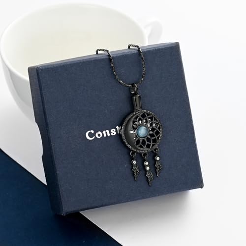 constantlife Dream Catcher Cremation Jewelry for Ashes for Women Men Moon Feather Pendant Urn Necklace Memorial Loved Ones Human Funeral Keepsake Black