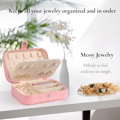 Hatori Travel Jewelry Box, PU Leather Small Jewelry Organizer for Women Girls, Double Layer Portable Mini Travel Case Display Storage Holder Boxes for Stud Earrings, Rings (Pink Beige) Pink Beige