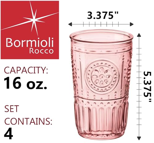 Bormioli Rocco Romantic Set Of 4 Cooler Glasses, 16 Oz. Colored Crystal Glass, Cotton Candy Pink, Made In Italy. 4 Count (Pack of 1)
