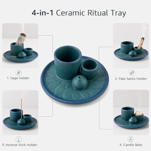 4 in 1 Ceramic Incense Holder, Palo Santo Stick Holder, Sage Holder for Burning, 5.2" Ash Catcher Tray for Meditation, Yoga & Home Decor (Blue) Blue