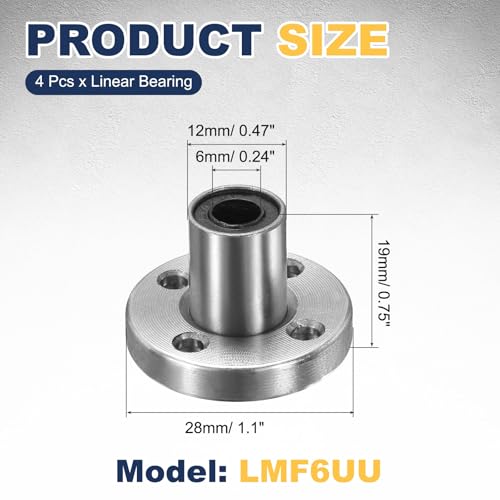 sourcing map 4 Pack LMF6UU Linear Ball Bearings, 6mm Bore Round Flange Linear Ball Bearings Flange Motion Bushing with Double Side Rubber Seal ABEC3 for CNC, 3D Printer