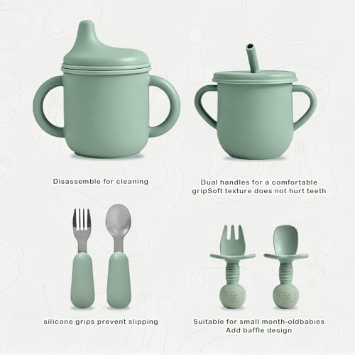 JELLDJK silicone baby feeding set with 10 green flatware pieces, including spoons, forks, and bowls for infant feeding.