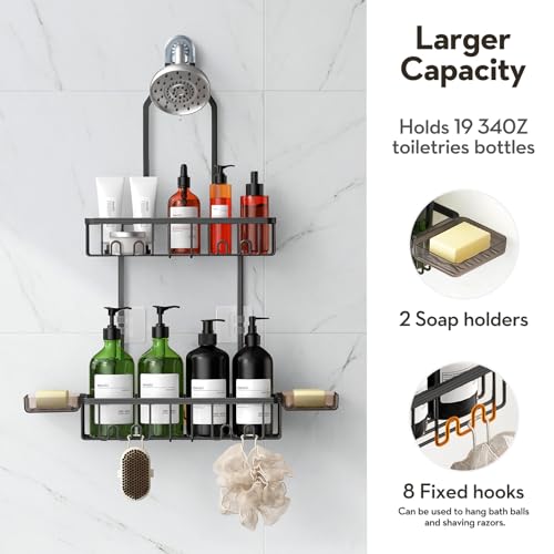Shower Caddy Hanging, Shower Organizer Hanging, Aluminum Shower Racks for Inside Shower with Hooks for Razor, Never Rust Bathroom Organizers and Storage with Soap Holder, Black