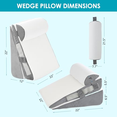 3Pcs Wedge Pillow Set for After Surgery,Acid Reflux Relief, Adjustable Bed Wedge Pillows for Sleeping,Anti Snore, Memory Foam Triangle Pillow for Back&Neck&Shoulder Pain Relief, White&Grey White/Grey 12 IN+1 Head pillow