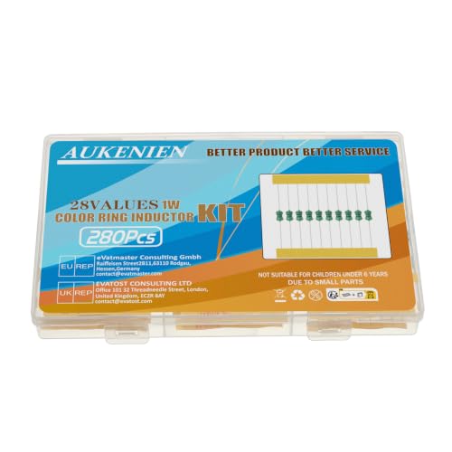 AUKENIEN 1W Colour Ring Inductors 28 Values Inductor Kit 1uH to 10mH 280 Pieces 0510 DIP Colour Code Inductance 1 Watt Assortment