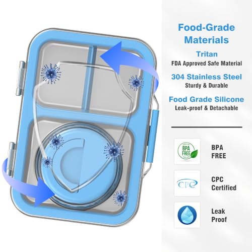 Kids Stainless Steel Bento Lunch Box with Insulated Soup Thermo, Leak-Proof BPA BPS Free Metal Lunch Container, Tritan Lid, Dishwasher Safe for School Boys Girls Adults Outdoor - Blue