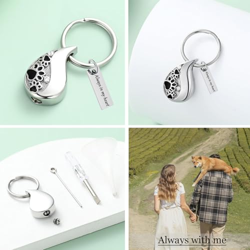 Hearbeingt Teardrop Urn Keychain for Ashes Tree of Life Cremation Jewelry Paw Print-silver