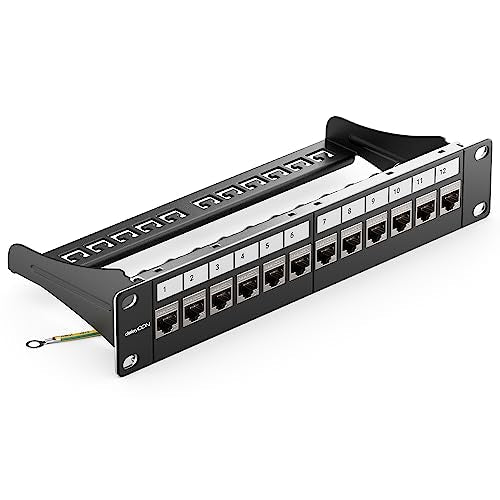 deleyCON 12-Port CAT7 Patch Panel Set 10 Inch 1U 10 Gbit/s - Black | Modular patch panel distribution panel, rack-mountable with 12x CAT 7 Keystone Modules RJ45, LAN network, 600 MHz, installation cable, black (RAL 9005 jet black)