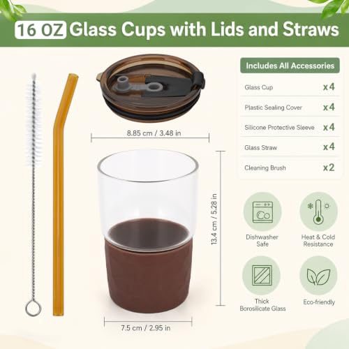 16oz Coffee Tumbler, Reusable Borosilicate Glass Cups with Lids and Straws 4 Packs-2White,2Coffee