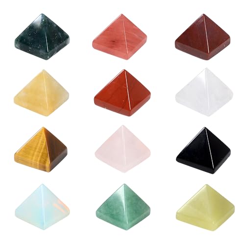 12 PCS Natural Chakra Crystal Pyramid Set – Opalite/Rose Quartz/Topaz/Obsidian Healing Crystals, Small Pyramids for Meditation, Energy Balancing, Reiki, Home Decoration