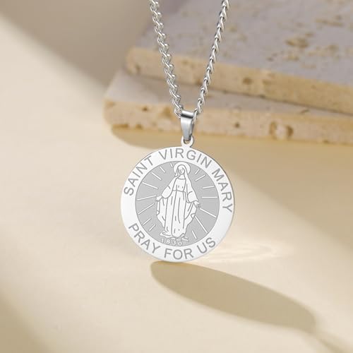 Virgin Mary Necklace Stainless Steel Medal Necklace Catholic Virgen de Guadalupe Pendant Christian Religious Jewelry for Women Men silver