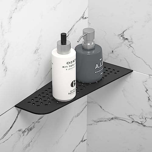 Black 12-inch stainless steel corner shower caddy shelf by Bernkot, quadrilateral design for bathroom storage.