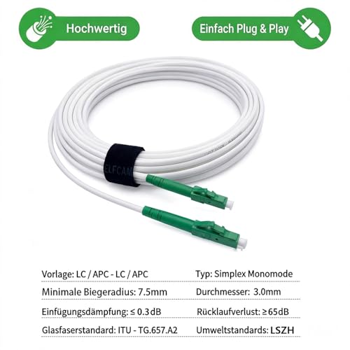 Elfcam® Fibre Optic Cable Simplex LC/APC 8° to LC/APC 8° Connector, 9/125 μm OS2 Patch Cable LSZH, FTTH Fibre Optic Cable, White (10 m) 10 m OS2 White LC/APC-LC/APC