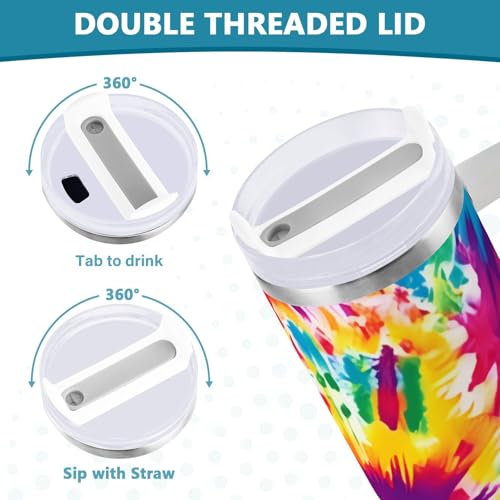 JIPONI 40 oz Tumbler with Handle & Straw, Rainbow Tie Dye Water Bottle, Stainless Steel Vacuum Insulated Travel Mug, BPA-Free, Travel Bottle fit in Car Cup Holder Tiedye 40 Ounces