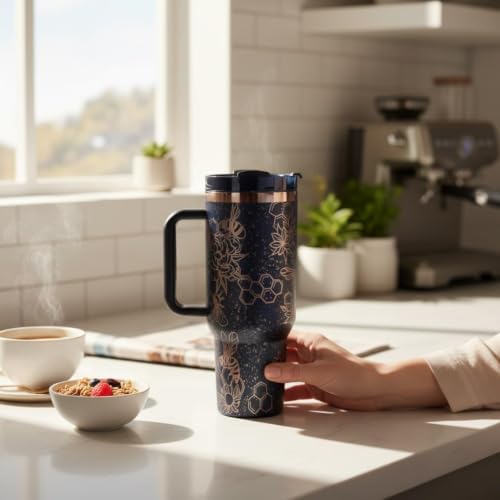 Tumbler, 40oz Tumbler, Western Tumbler, Engraved Cup with Handle, Cute Coffee Mug, 40oz Coffee Mug (Black/Gold(21)-Bee(B31)) Black r.Gold(16)-Bee(B31)